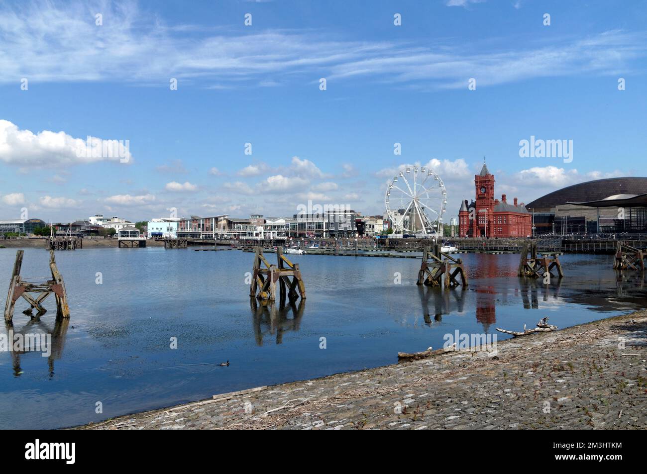 Cardiff Bay, Mermaid Quay and Pierhead building with old wooden 'dolphins' mooring platforms from the old docks in the foreground.. Taken 2022 Stock Photo