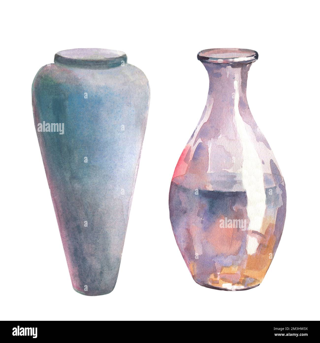 Glass bottles and vase, watercolor illustration isolated on white