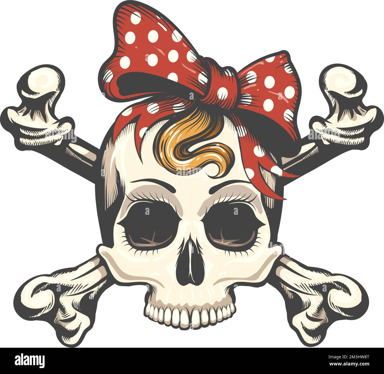 Tattoo of Human Skull in a Head Bow and Crossbones isolated on white. Vector illustration. Stock Vector