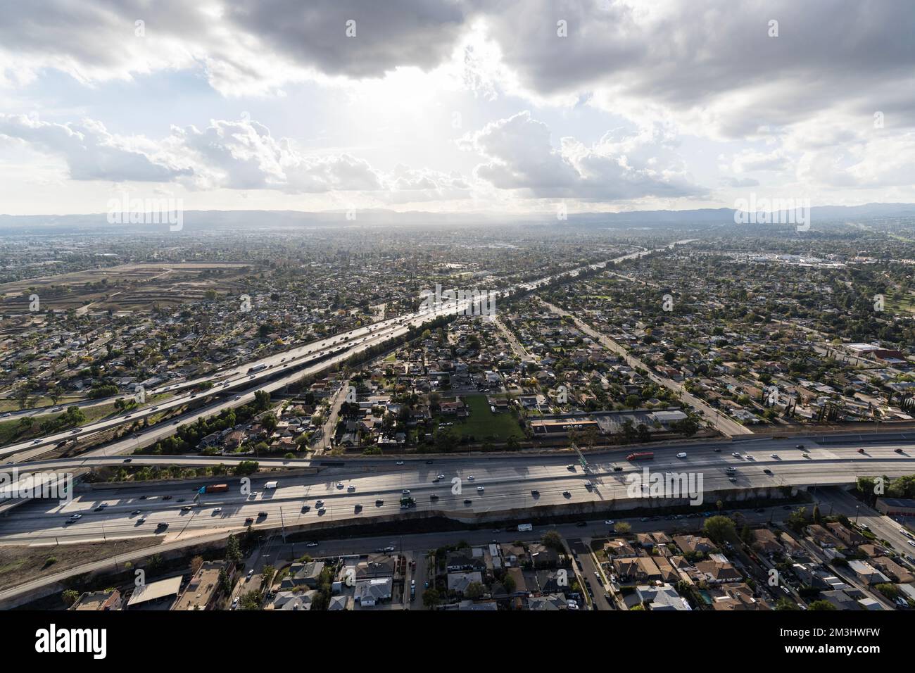 Aerial view of freeways and suburban sprawl in the Pacoima and Mission