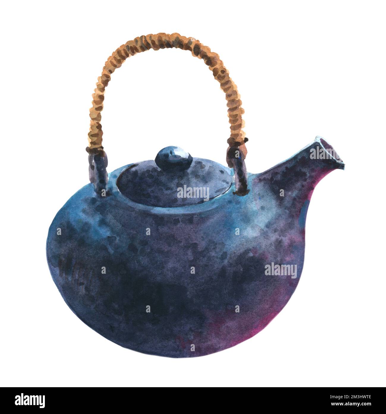 Japanese dack blue cast iron teapot watercolor painting on white