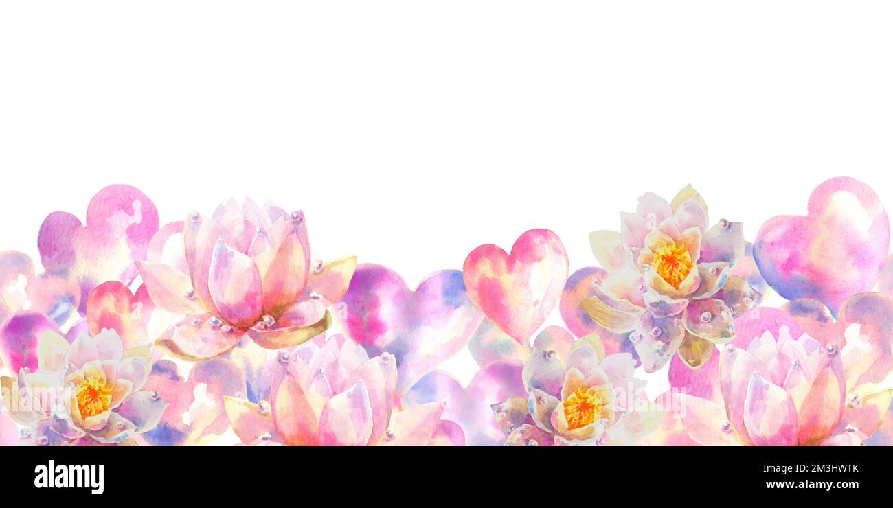 Light pink hearts with water lily flowers horizontal seamless border ...