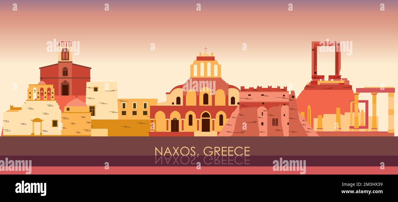 Sunset Skyline panorama of  Naxos, Cyclades Islands, Greece - vector illustration Stock Vector