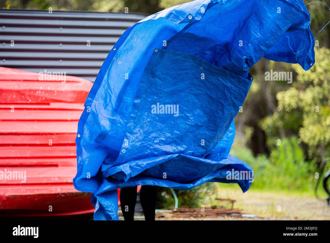 girl folding up a tent and blue tarp hiking Stock Photo Alamy