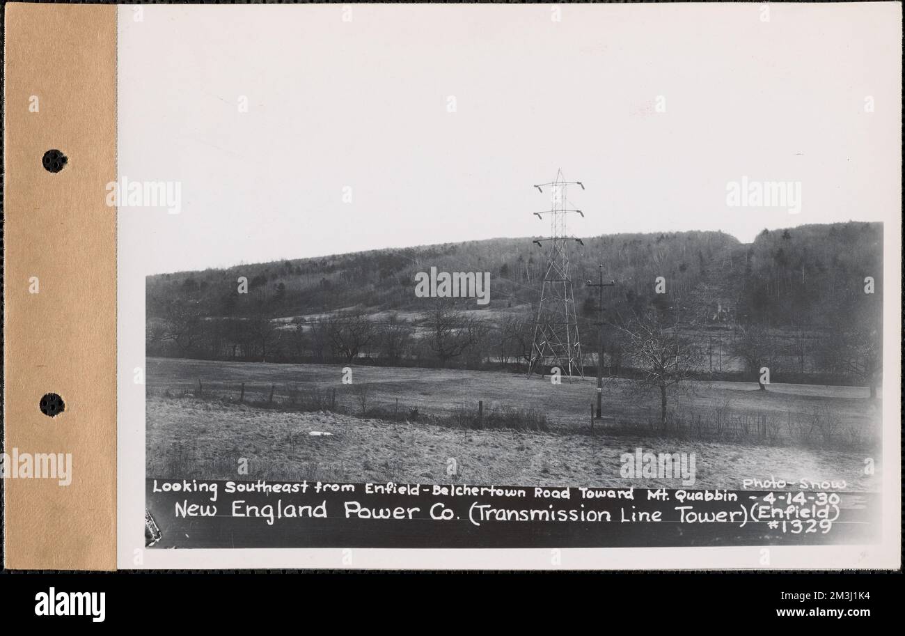 New England Power Company, transmission line tower, looking southeast from Enfield-Belchertown Road toward Mount Quabbin, Enfield, Mass., Apr. 14, 1930 , waterworks, reservoirs water distribution structures, real estate, power lines Stock Photo