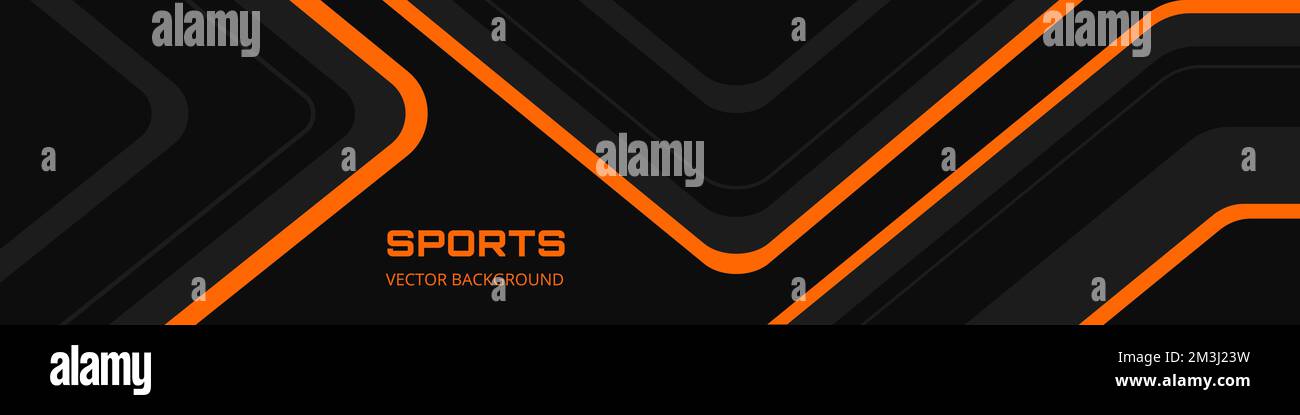 Black abstract wide horizontal banner with orange and gray lines ...