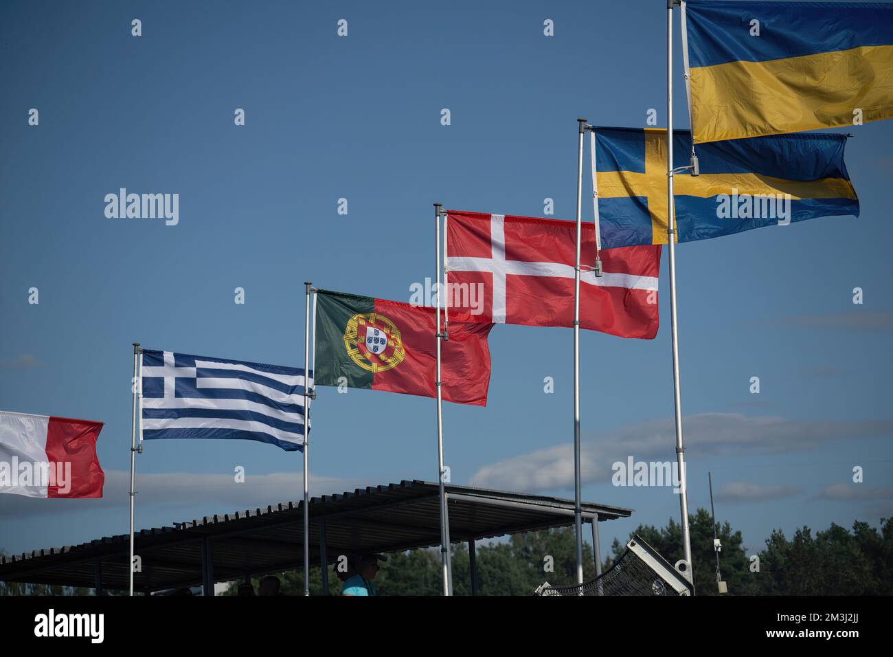 COURSEULLES-SUR-MER, FRANCE. JULY 25, 2018: National flags of the allied countries during II World War, in Juno Beach, one place where it was Normandy Stock Photo
