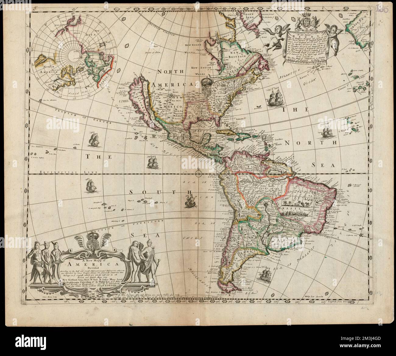 A new mapp of America devided according to the best and latest observations and discoveries wherein are described by thear proper names the seaverall countries that belonge to ye English which are wholly left out in all Dutch and French maps viz New Scotland, Long Iland, N. York N. Jarsey, Mary Land, Pensilvania, Carrolina & , America, Maps, Early works to 1800, Western Hemisphere, Maps, Early works to 1800 Norman B. Leventhal Map Center Collection Stock Photo