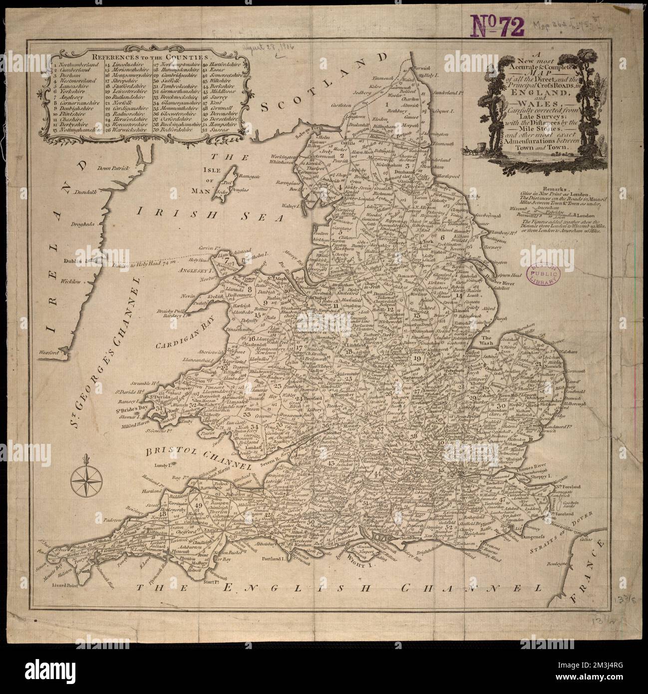 A New Most Accurate Complete Map Of All The Direct And The Principal Crossroads In England And Wales Carefully Corrected From Late Surveys With The Distances By The Mile Stones And Other Most Exact Admensurations Between Town And Town England Maps Early Works To 1800 Wales Maps Early Works To 1800 Norman B Leventhal Map Center Collection 2M3J4RG 