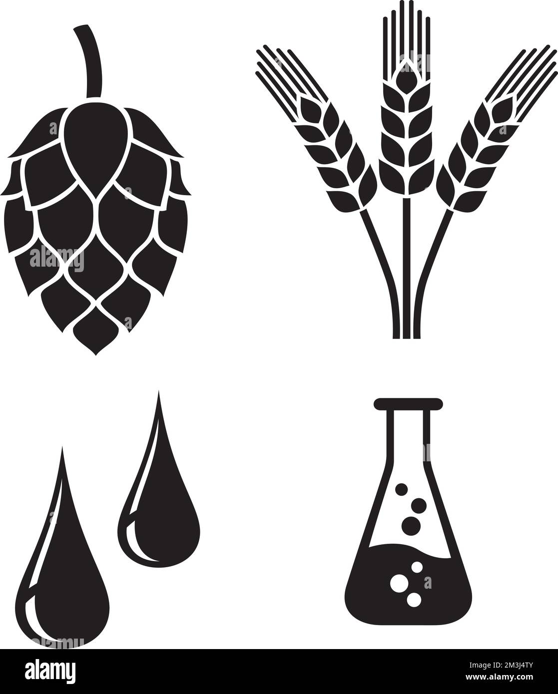 Brewing Ingredients Icons. Hops, Barley,  Water. Black and White. Vector Illustration. Stock Vector