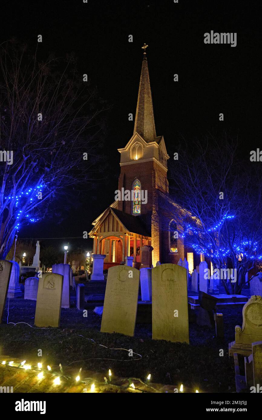 St. Peter's Episcopal Church, Lewes, Delaware U.S.A, seen lit for the Christmas holiday season