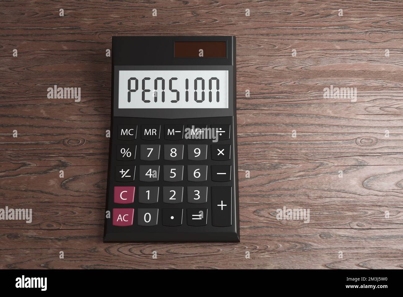 Digital LCD display of a calculator showing the word PENSION