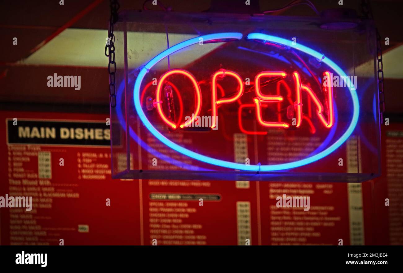 Chinese takeaway, with neon Open sign, fried food, fish, chips, pies, chicken, curry etc, 186 Knutsford Rd, Grappenhall, Warrington WA4 2QU Stock Photo