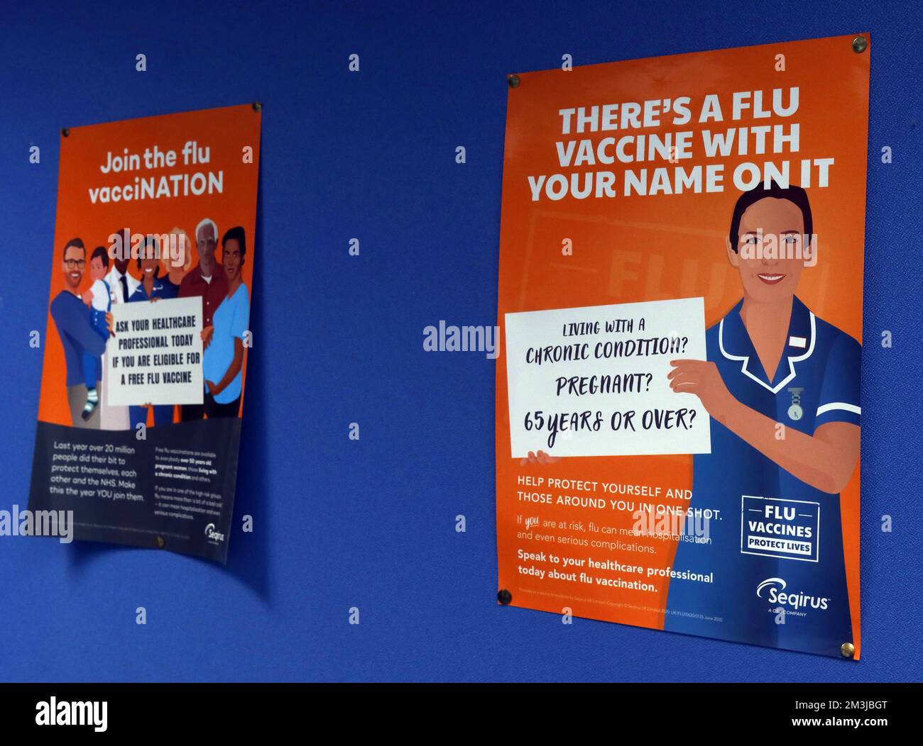Join the flu vacciNATION, Theres a flu vaccine , with your name on it, poster, from Seqirus CSL, in doctors surgery Stock Photo