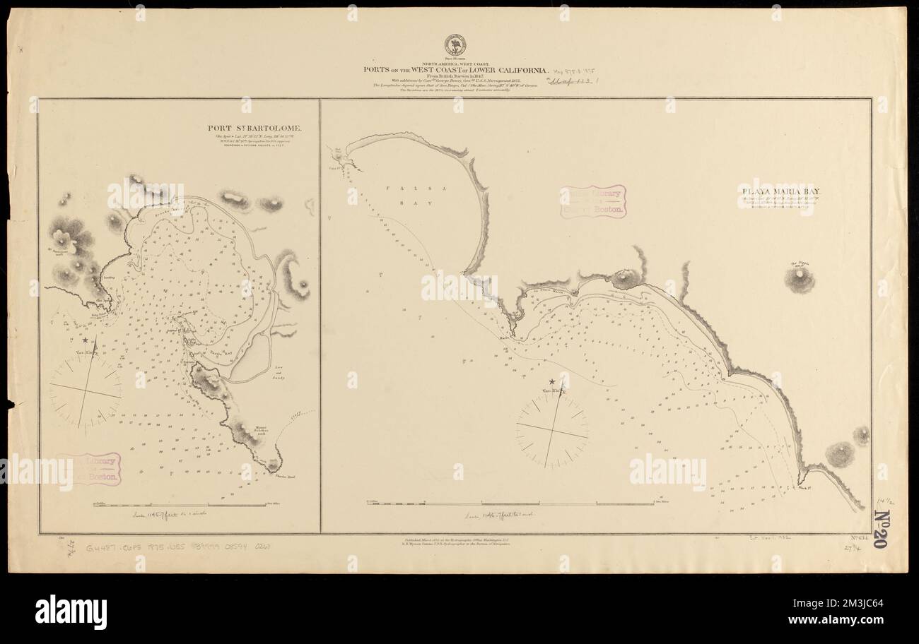 North America, west coast, ports on the west coast of Lower California : from British surveys in 1847, with additions by Comdr. George Dewey, comdg. U.S.S. Narragansett, 1873 , Coasts, Mexico, Baja California Sur, Maps, Nautical charts, Mexico, Puerto San Bartolomé, Nautical charts, Mexico, Playa Maria Bay, Puerto San Bartolomé Mexico, Maps, Playa Maria Bay Mexico, Maps Norman B. Leventhal Map Center Collection Stock Photo