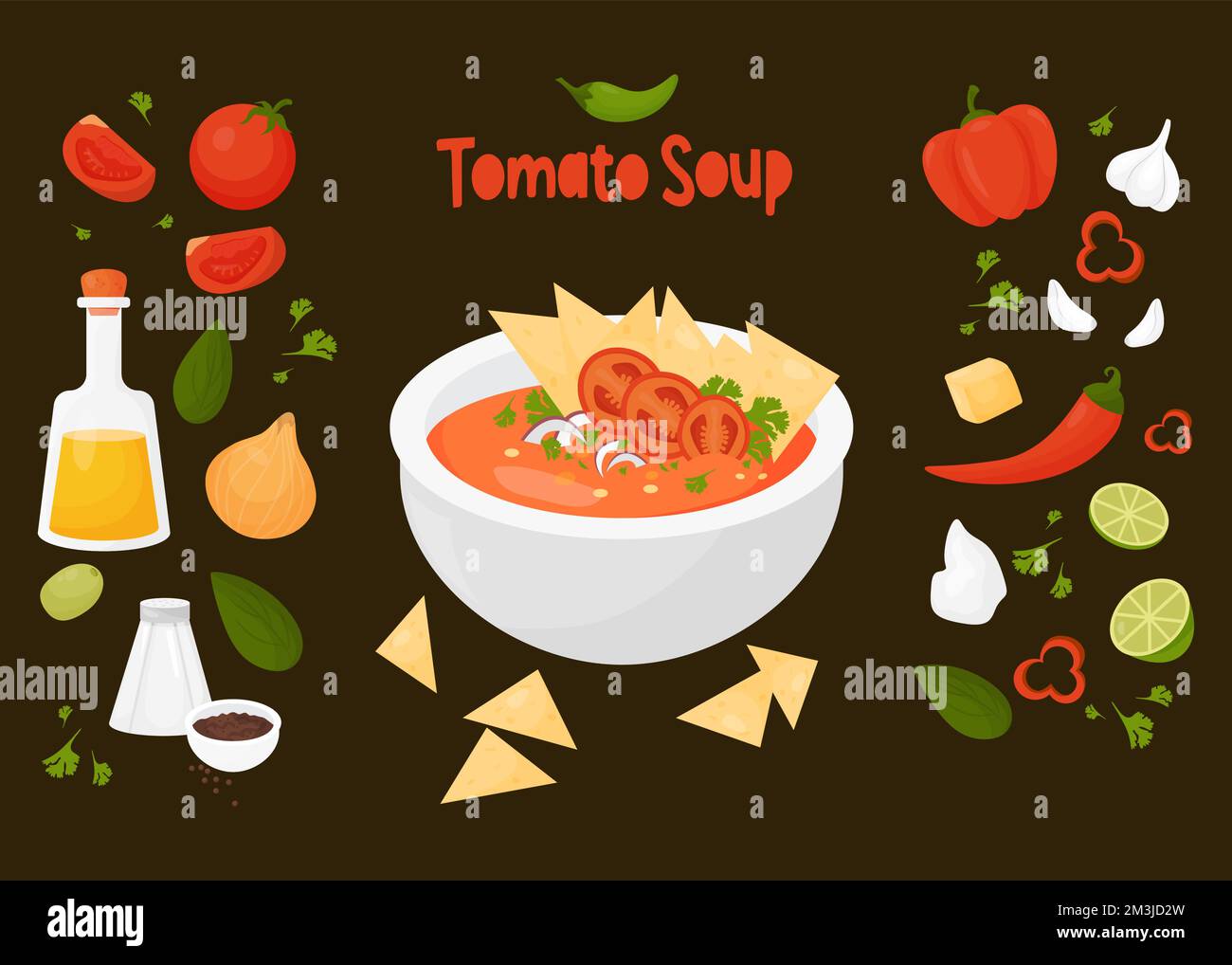 Mexican Tomato Soup recipe with filling ingredients. Vector