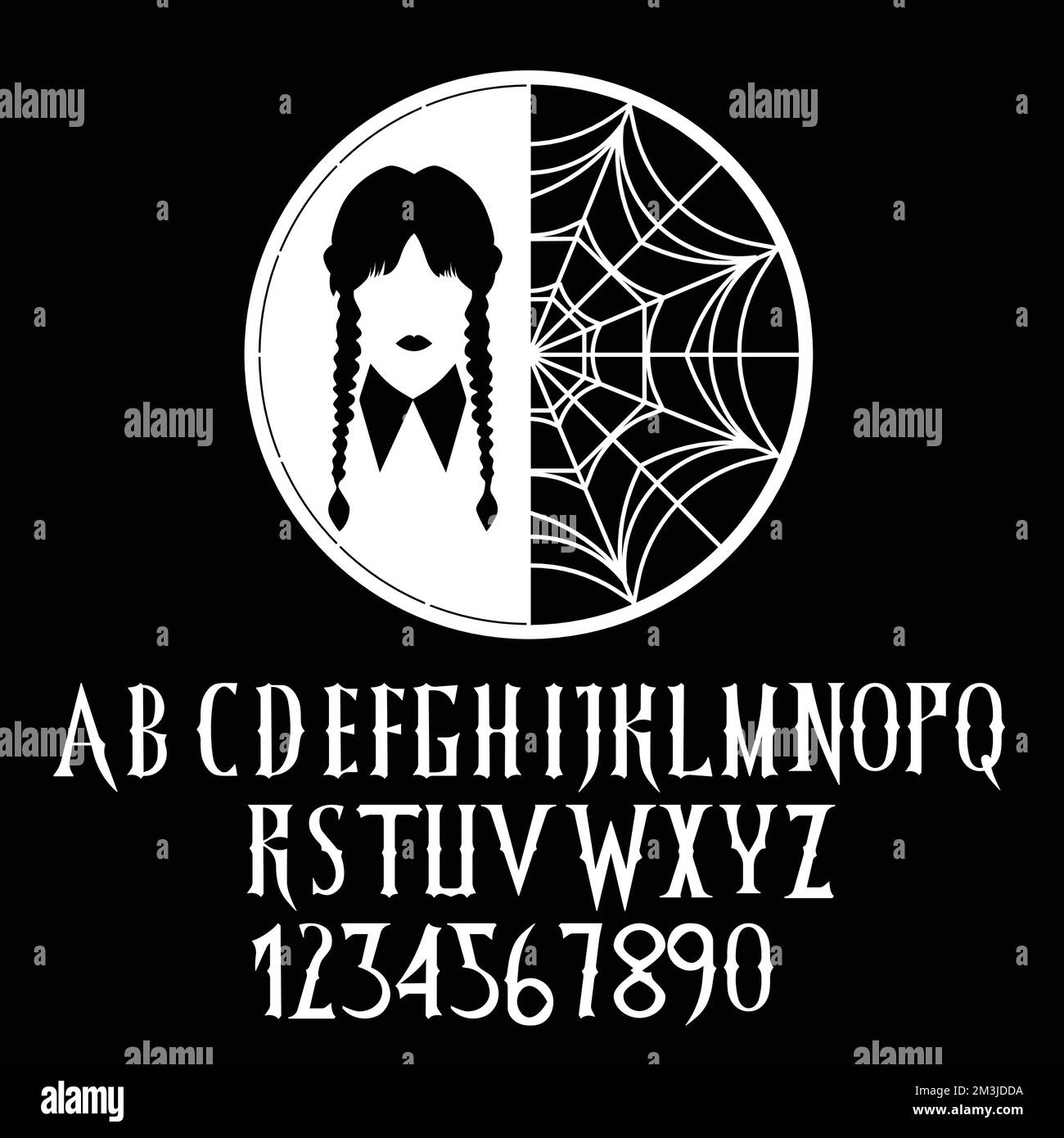 Wednesday Alphabet, Wednesday Addams Family Digital Alphabet, Gothic Alphabet, Alphabet digital, Vectorial Alphabet Wednesday, Addams Family Gothic Stock Vector