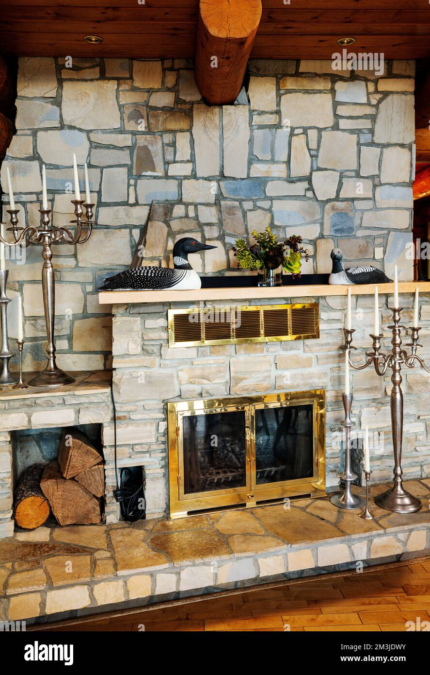 Interior view of stone fireplace; The Inn on the Lake; bed & breakfast