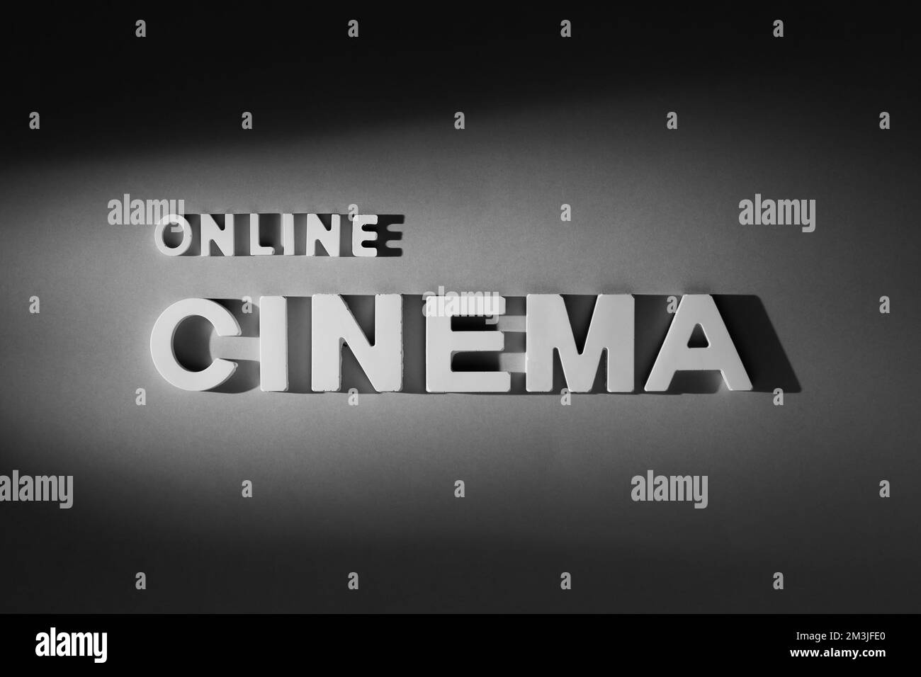 Online Cinema - Old movie style inscription by moulded letters. Black and white photograph Stock Photo