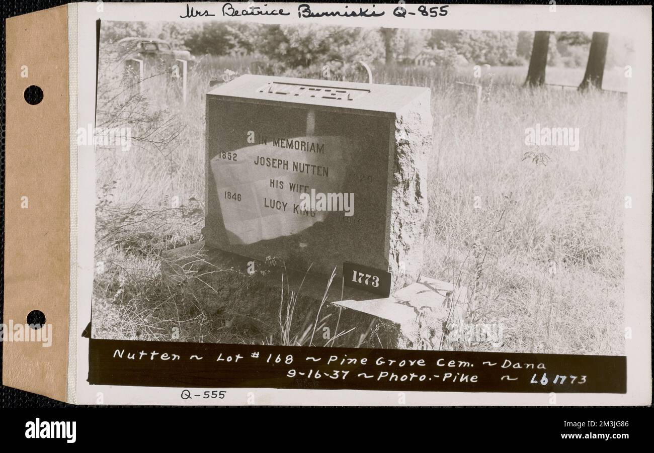 Nutten, Pine Grove Cemetery, lot 168, North Dana, Mass., Sept. 16, 1937 : Mrs. Beatrice Burniski, Q-855; Q-555 , waterworks, reservoirs water distribution structures, real estate, cemeteries Stock Photo