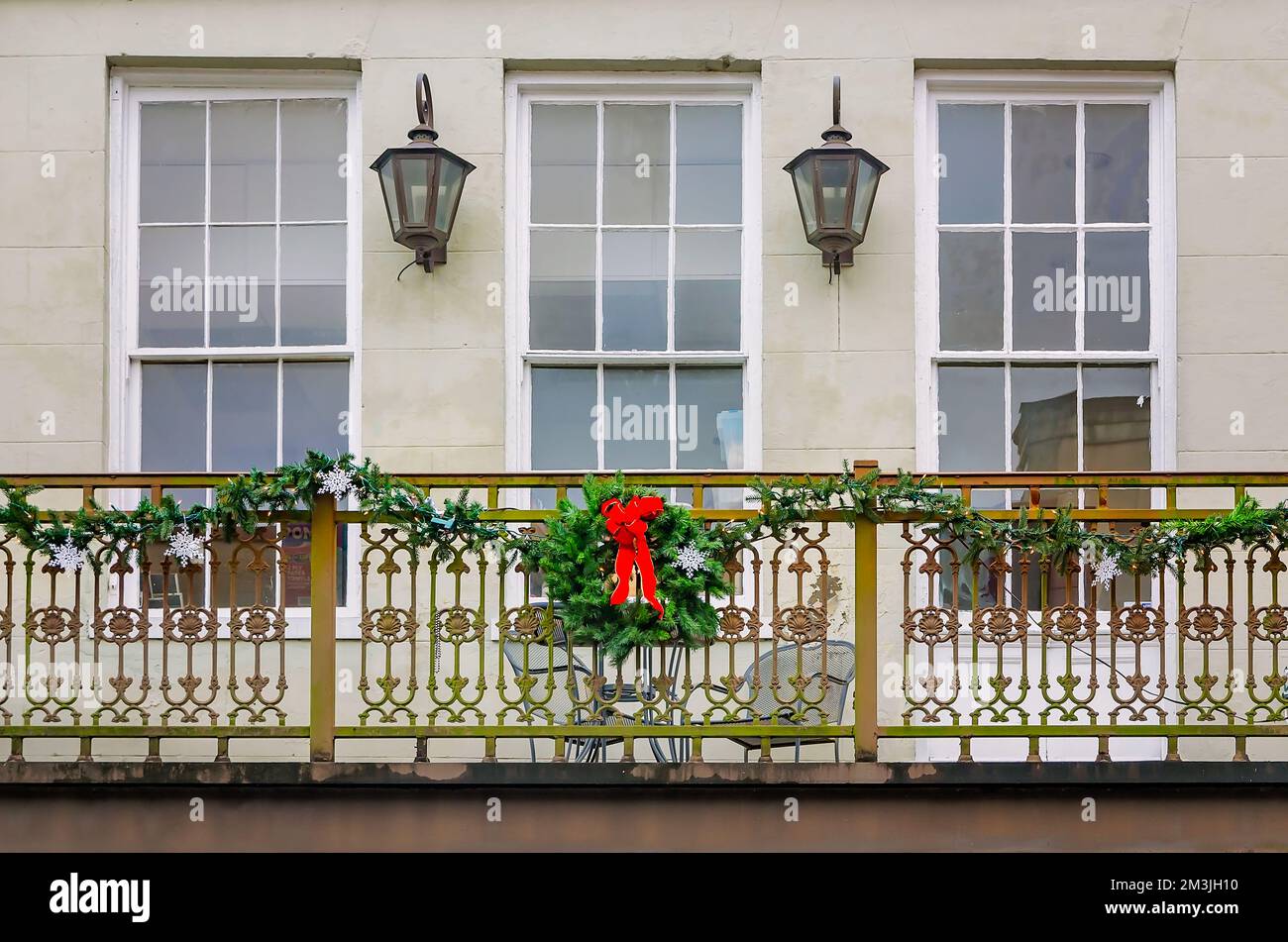 The Delacour Building, home to Larkins Music Center and Mobile Symphony Orchestra, is decorated for Christmas, Dec. 18, 2017, in Mobile, Alabama. Stock Photo
