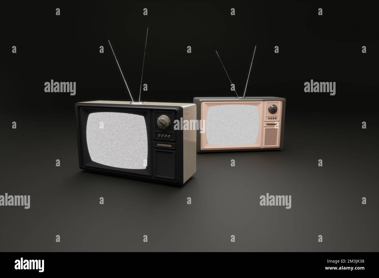 Vintage television sets with white noise in dark background, 3d
