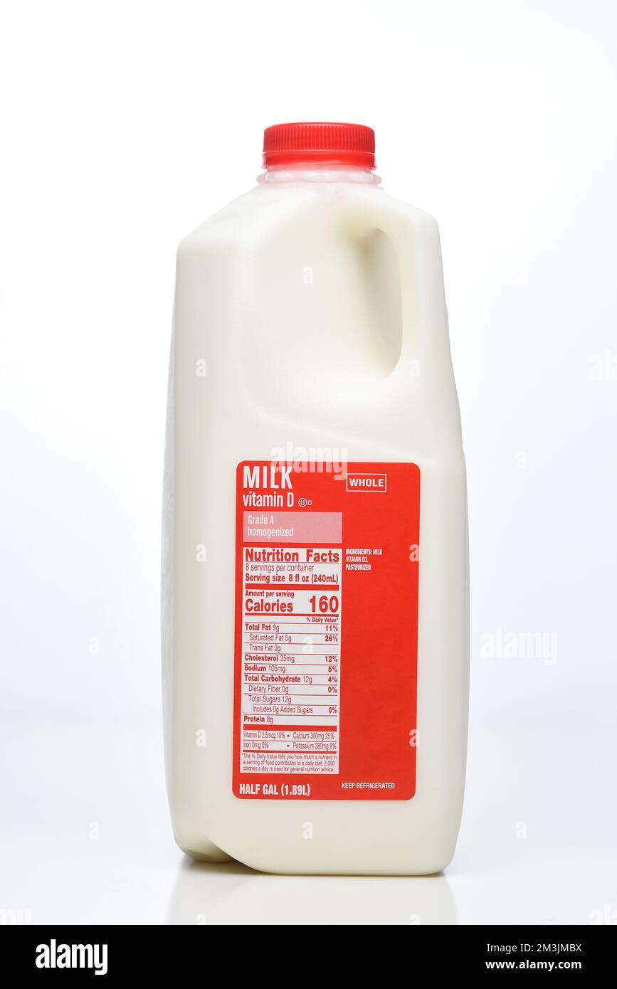 A Half Gallon Carton of Pasteurized Grade A and Homogenized Whole Milk, with label showing nutrition facts. Stock Photo