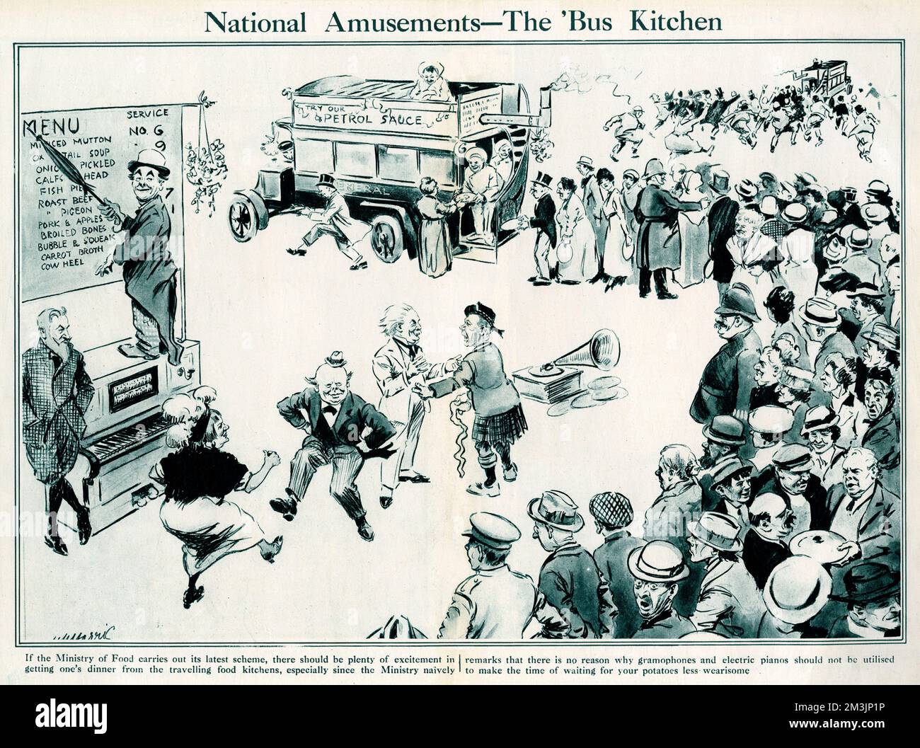 If the ministry of food carries out its latest scheme, there should be plenty of excitement in getting one's dinner from the travelling food kichens, especially since the ministry naively remarks that there is no reason why gramophones and electric pianos should not be utilised to make the time of waiting for your potatoes less wearisome.     Date: 1918 Stock Photo