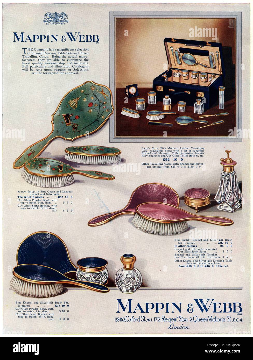 Advert for a fine Morocco leather vanity travelling case, completely fitted with a set of superfine enamel and silver-gilt toilet requisities, beautifuly engraved and cut glass toilet bottles.  Also three different personal hair and brush sets.     Date: 1928 Stock Photo