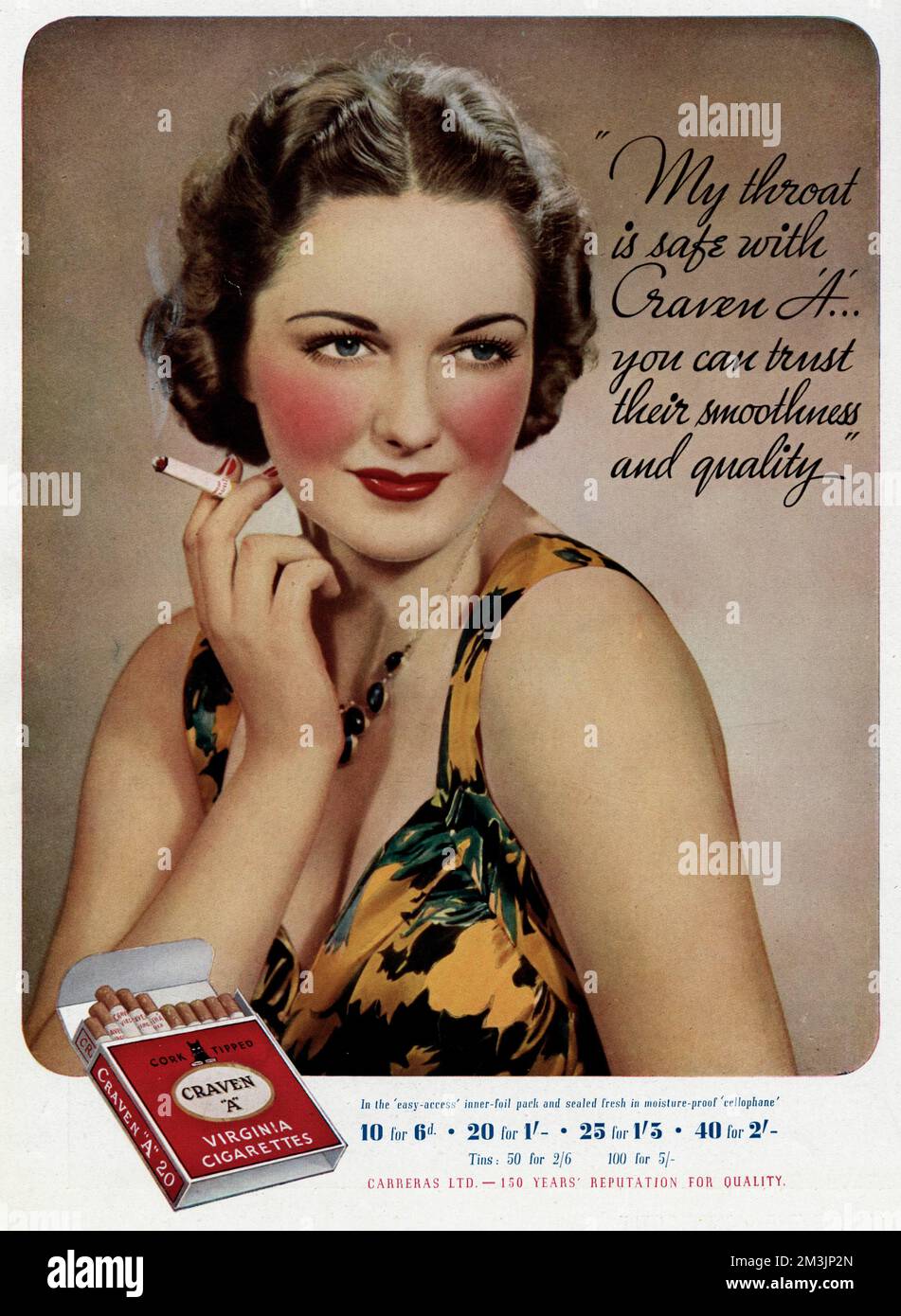 Craven A cigarettes - 'My throat is safe with Craven A . . . you can trust their smoothness and quality'.  1937 Stock Photo