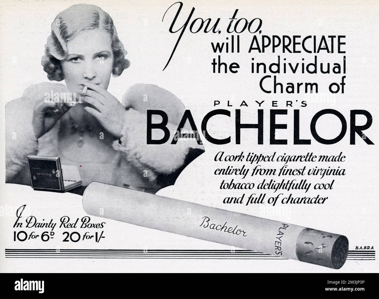 Advert for Bachelor cigarettes inviting you to sample their individual charm and delightful character.  1932 Stock Photo
