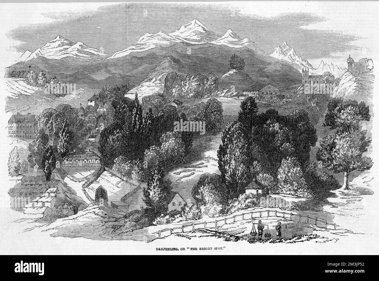 General view of Darjeeling, on  the Sikkim border, with the  Himalayas beyond.        Date: 1850 Stock Photo