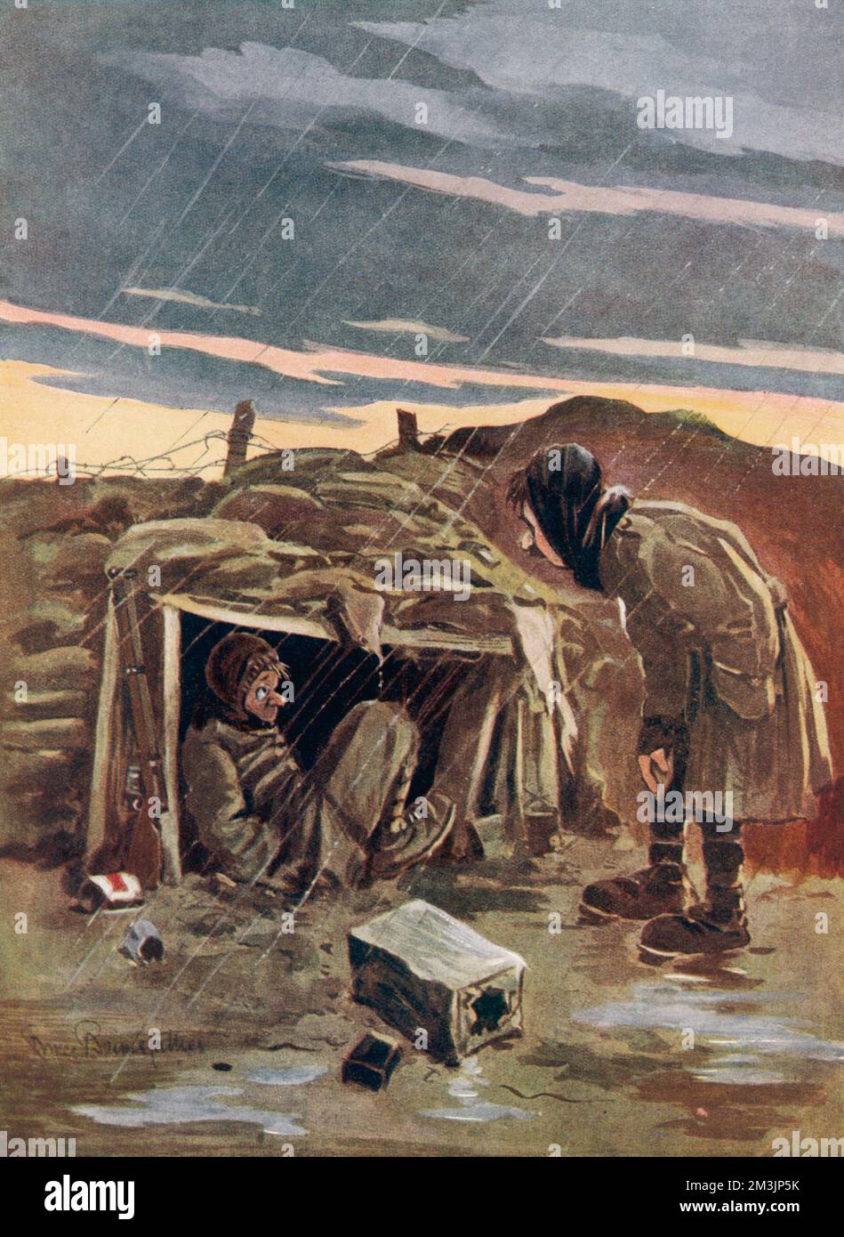 Humorous illustration by Bruce Bairnsfather showing a young soldier sheltering in his funk hole in a trench while an 'Ole Bill' type character observes his misery. Stock Photo