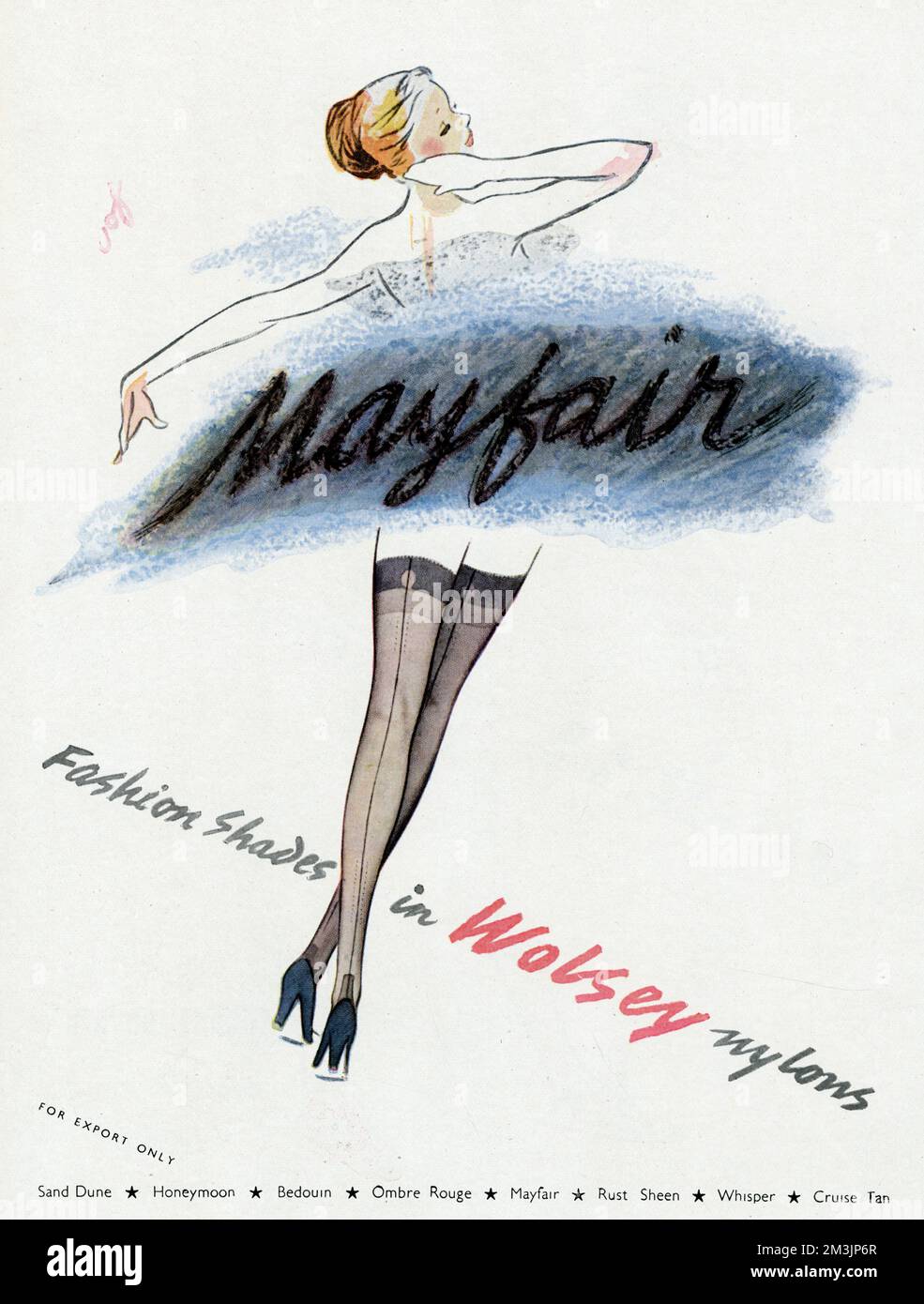 Advertisement for Wolsey Nylons 'Mayfair' shade featuring a glamorous and beautiful woman sporting a pair of seamed stockings on her shapely legs.     Date: 1950 Stock Photo