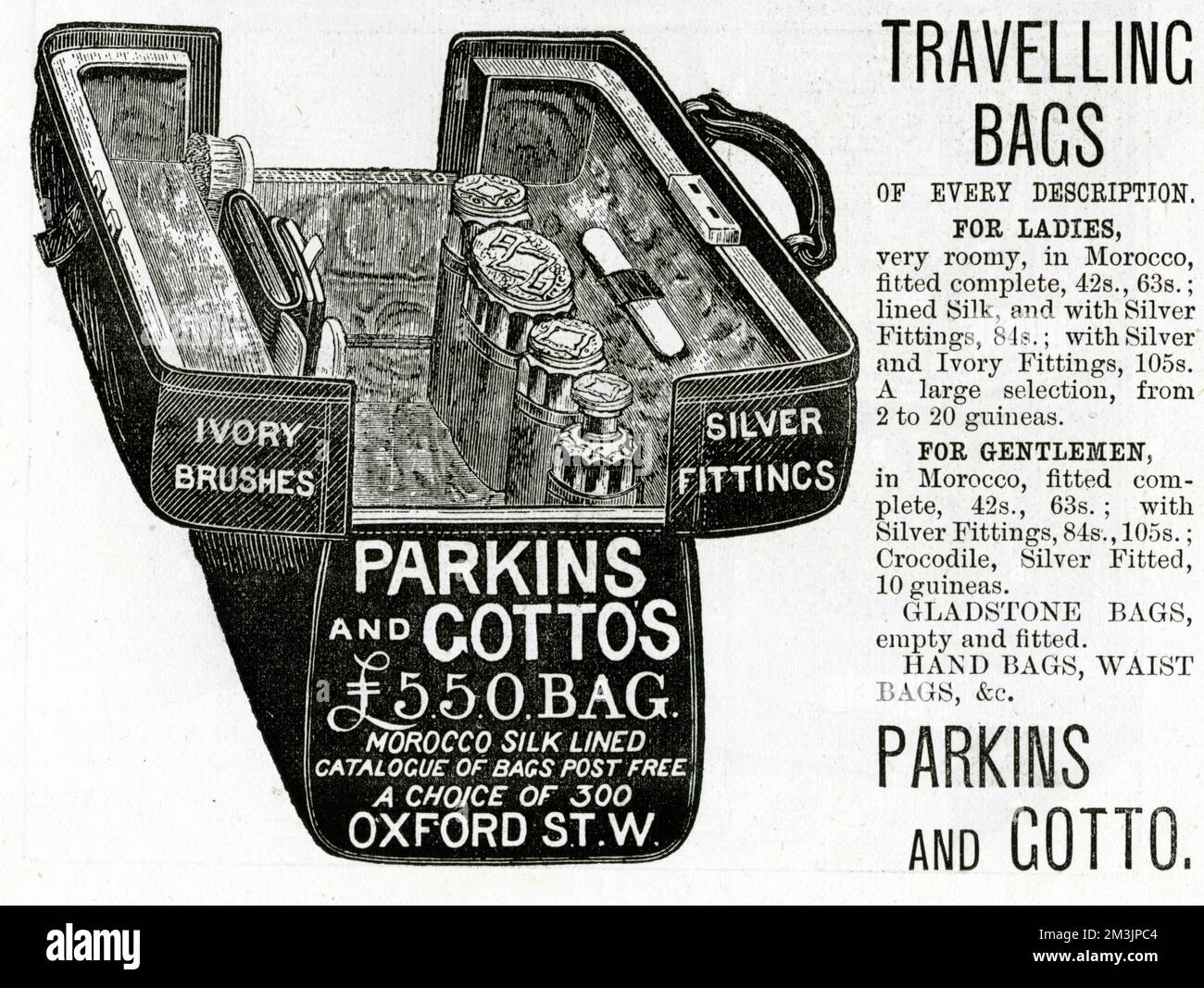 An advertisement for Parkings and Gotto, bag and luggage specialists, based in Oxford Street, with an illustration of a lady's travelling bag or vanity case.  1883 Stock Photo