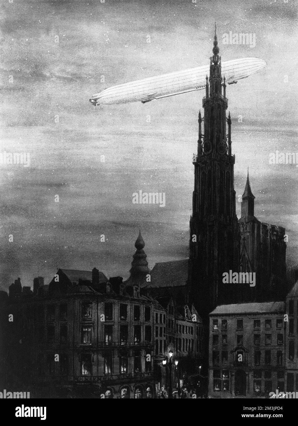 A drawing showing a German dirigible over Antwerp on the night of August 24th &amp; 25th 1914. Against the laws of international warfare, a Zeppelin air-ship flew over the city for the purpose of dropping bombs on civilian targets.  In the event, seven people were killed and twenty injured.  World War I was the first conflict to involve civilians.  As well as French and Belgian targets, the East coast towns of Great Britain would suffer bombings during the course of the war.     Date: September 5th 1914 Stock Photo