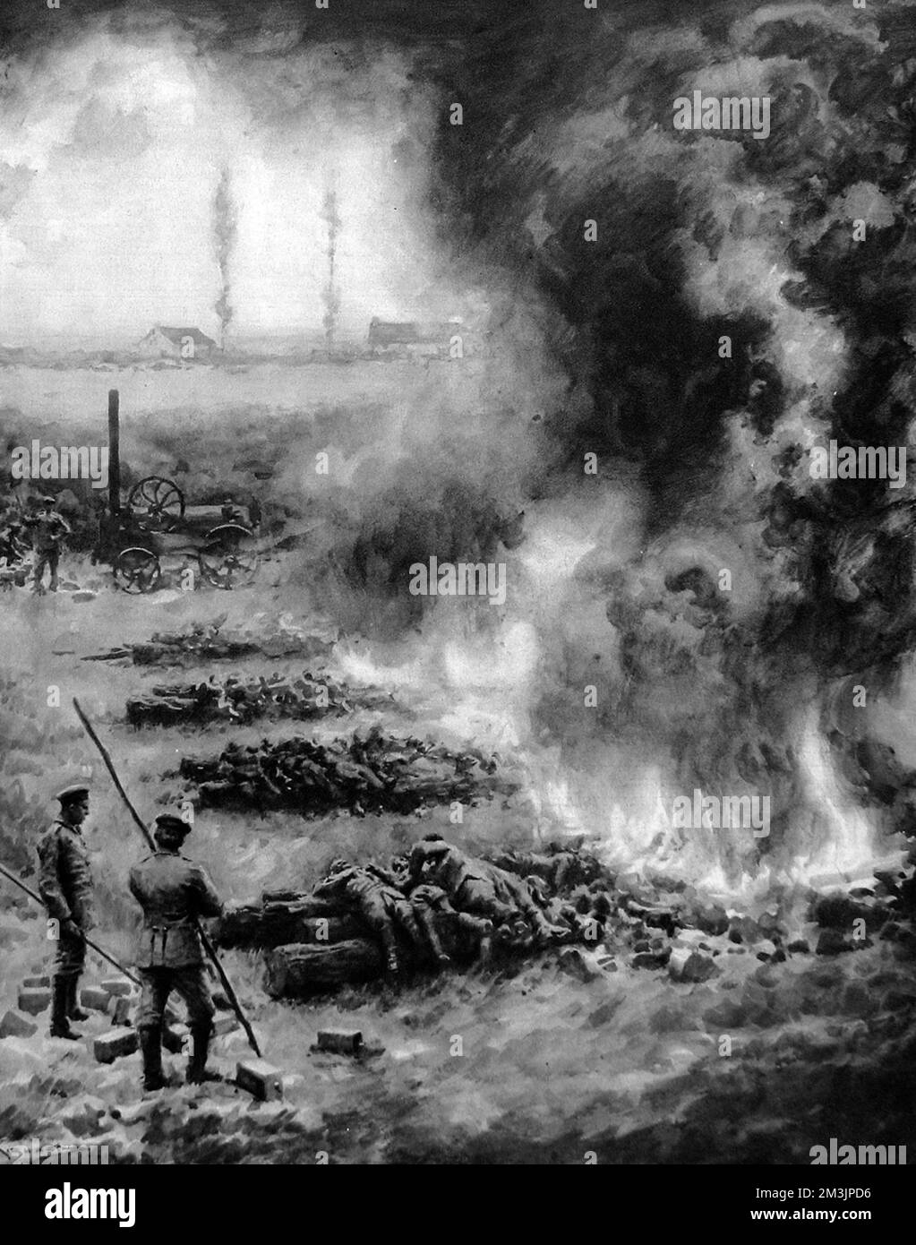 German troops cremating their dead at Esternay, after the Battle of the Marne in September 1914. It is estimated that the Germans suffered losses of 250,000 during the battle, with the French suffering similar numbers. Stock Photo