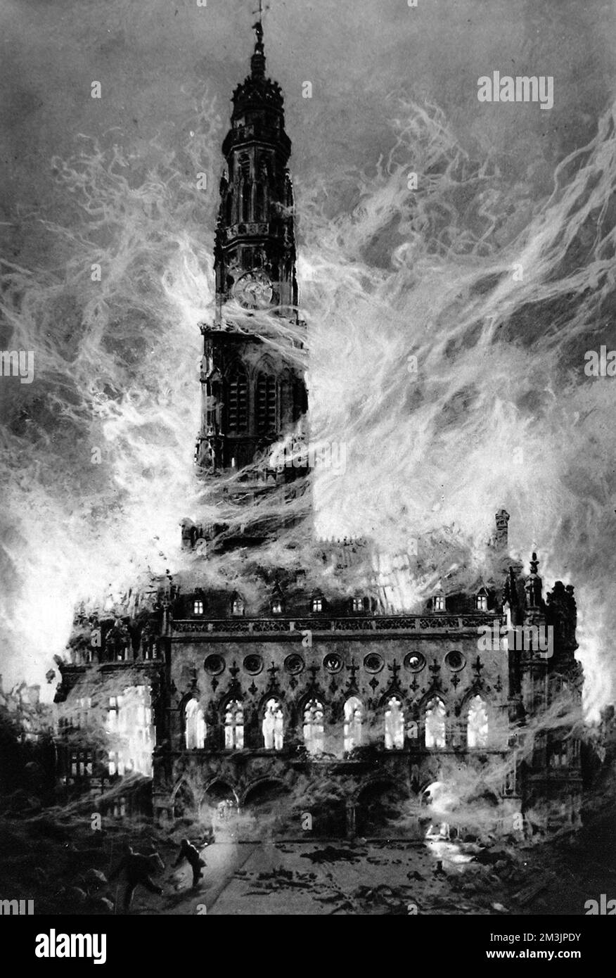 showing the 15th century belfry tower of the Arras town hall in flames