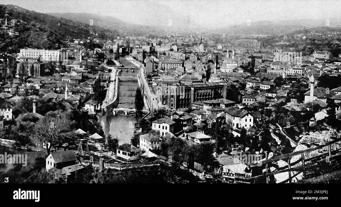 Aerial view of Sarajevo, the capital of Bosnia with an 'X' marking the spot where Archduke Franz Ferdinand and his wife was assassinated by Serbian nationalists in June 1914. Austria used the incident as a pretext to attack Serbia thus precipitating World War I. Stock Photo