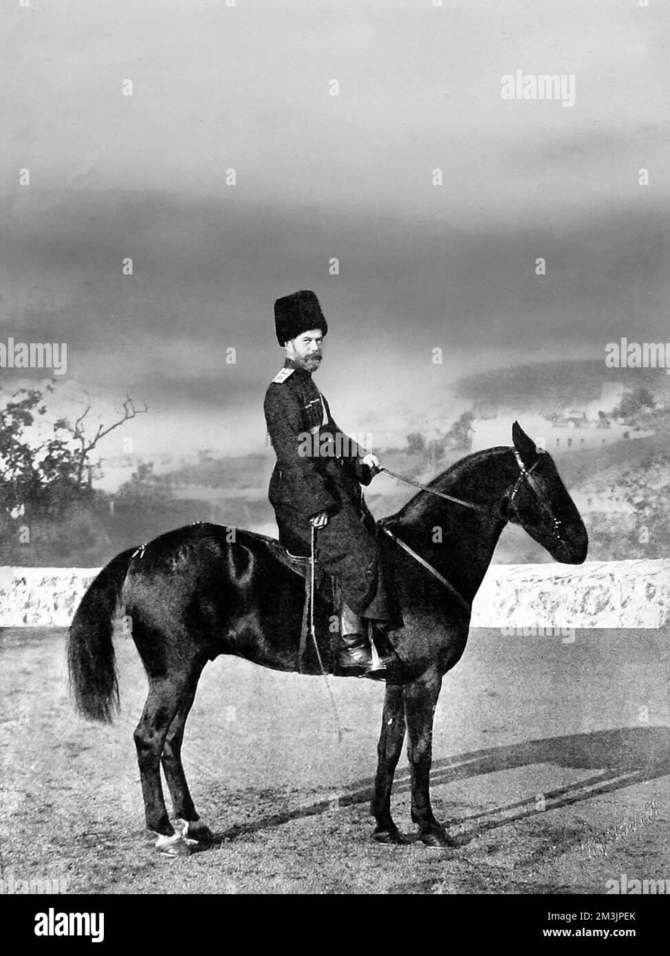 Tsar Nicholas II of Russia dressed in the uniform of the Cossacks, mounted on a horse. Stock Photo