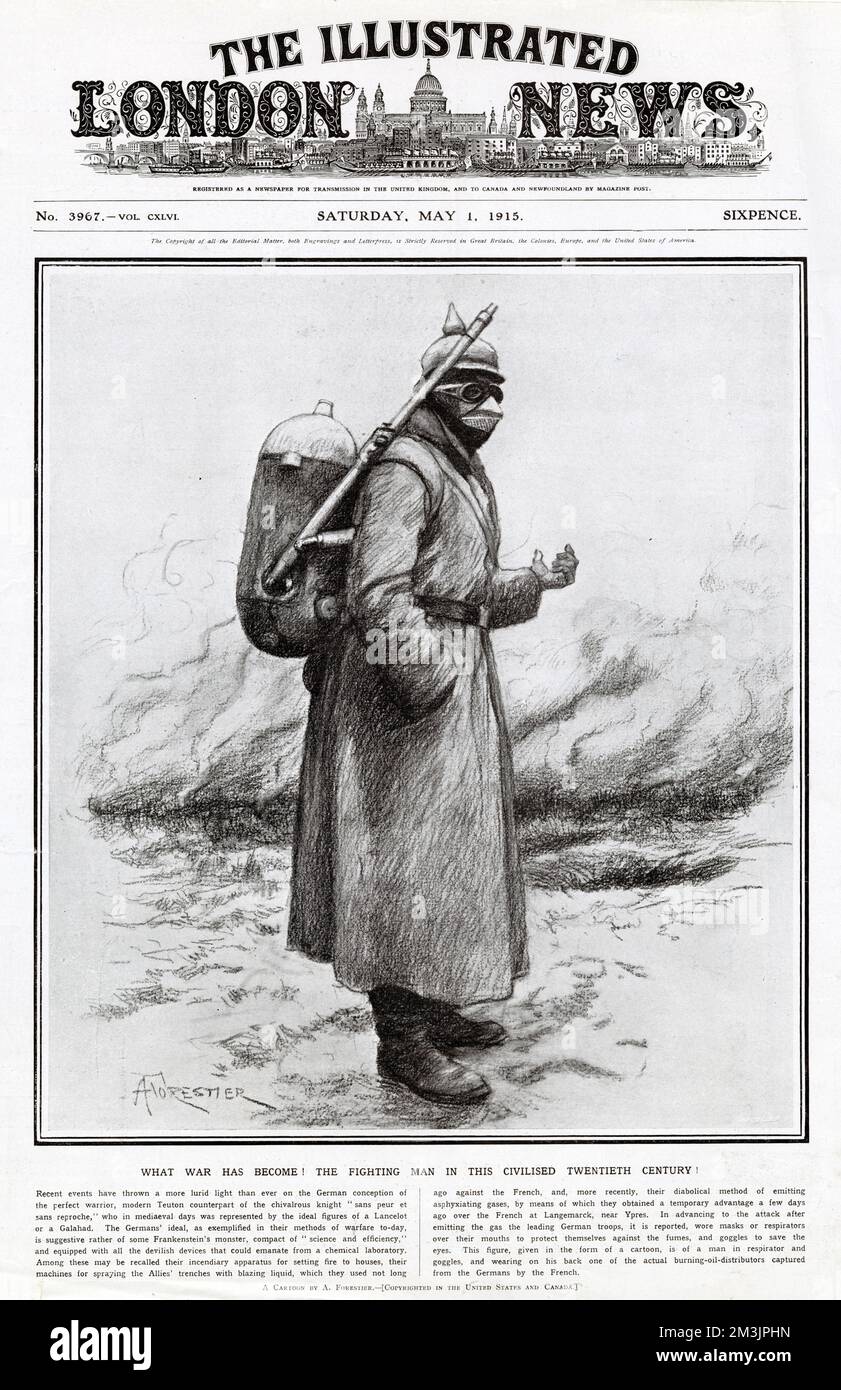 German soldier carrying a burning-oil distributor on his back and wearing respiratory apparatus. After the first use of asphixiating gas by the Germans at Ypres in April 22nd, the Illustrated London News carried damning reports of the Germans unchivalrous war methods. Stock Photo