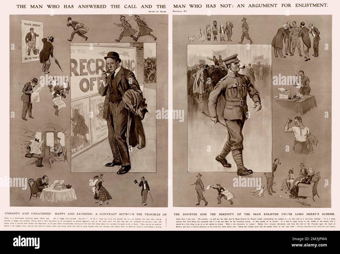 Advantages of volunteering for the war, against the self-conscious doubts of a man who has not enlisted.     Date: 1915 Stock Photo