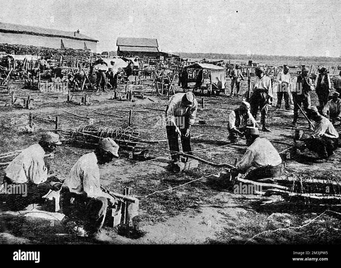 French soldiers at work on the Champagne front making barbed wire entanglements for French defences during World War I.     Date: November 13th 1915 Stock Photo