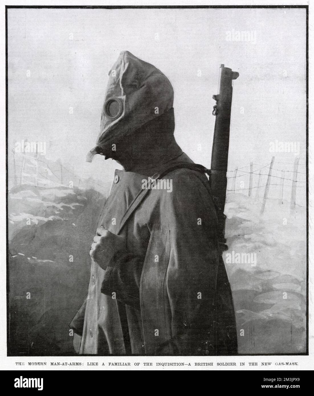 A British soldier wearing a new gas mask. Following the German use of poisonous gas at Ypres on 22nd April 1915, it became a common feature of World War I warfare, necessitating the wearing of gas masks among soldiers on both sides. Stock Photo