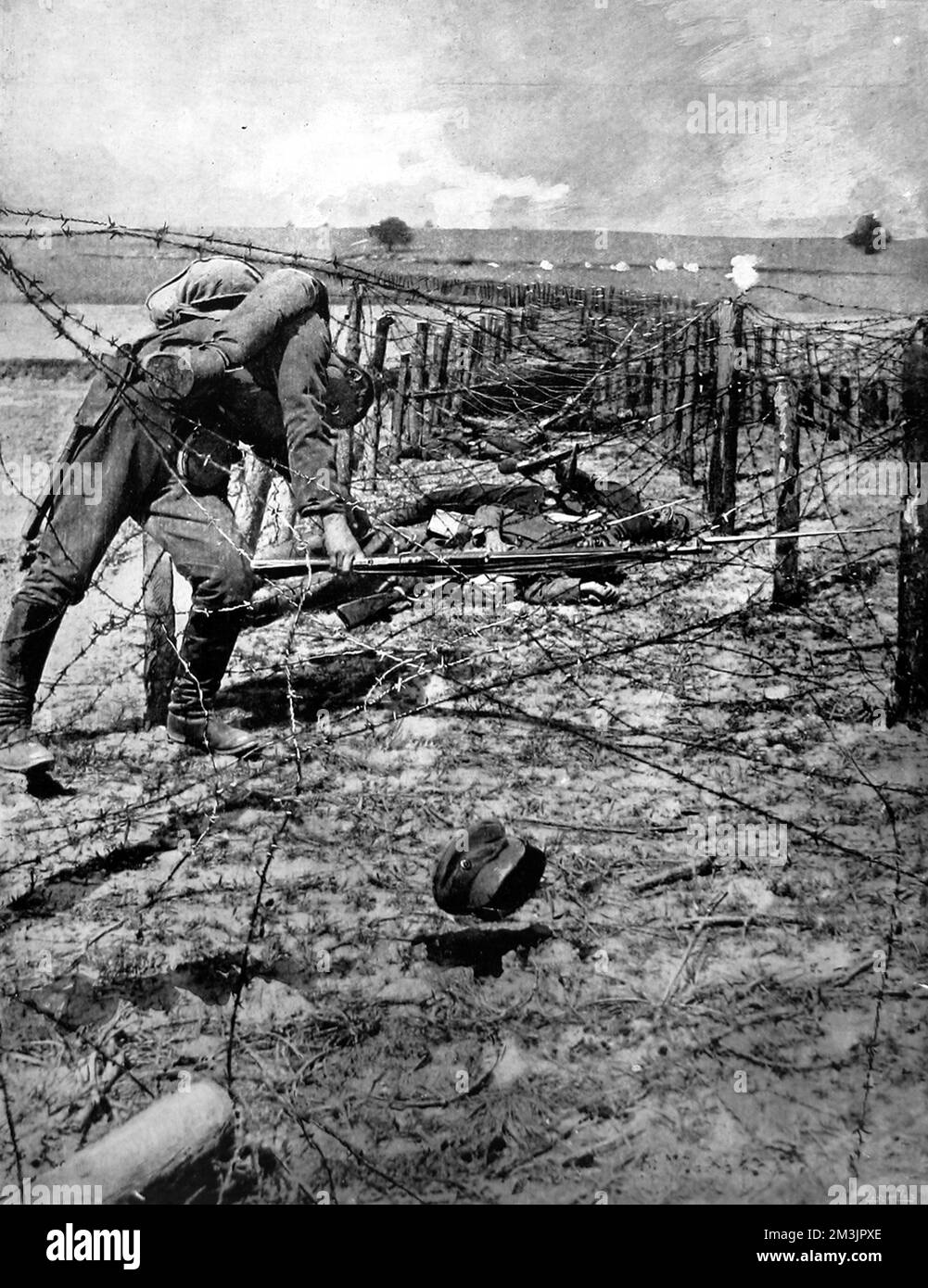 Russian soldiers killed while trying to force their way through German barbed wire on the Eastern Front. Stock Photo