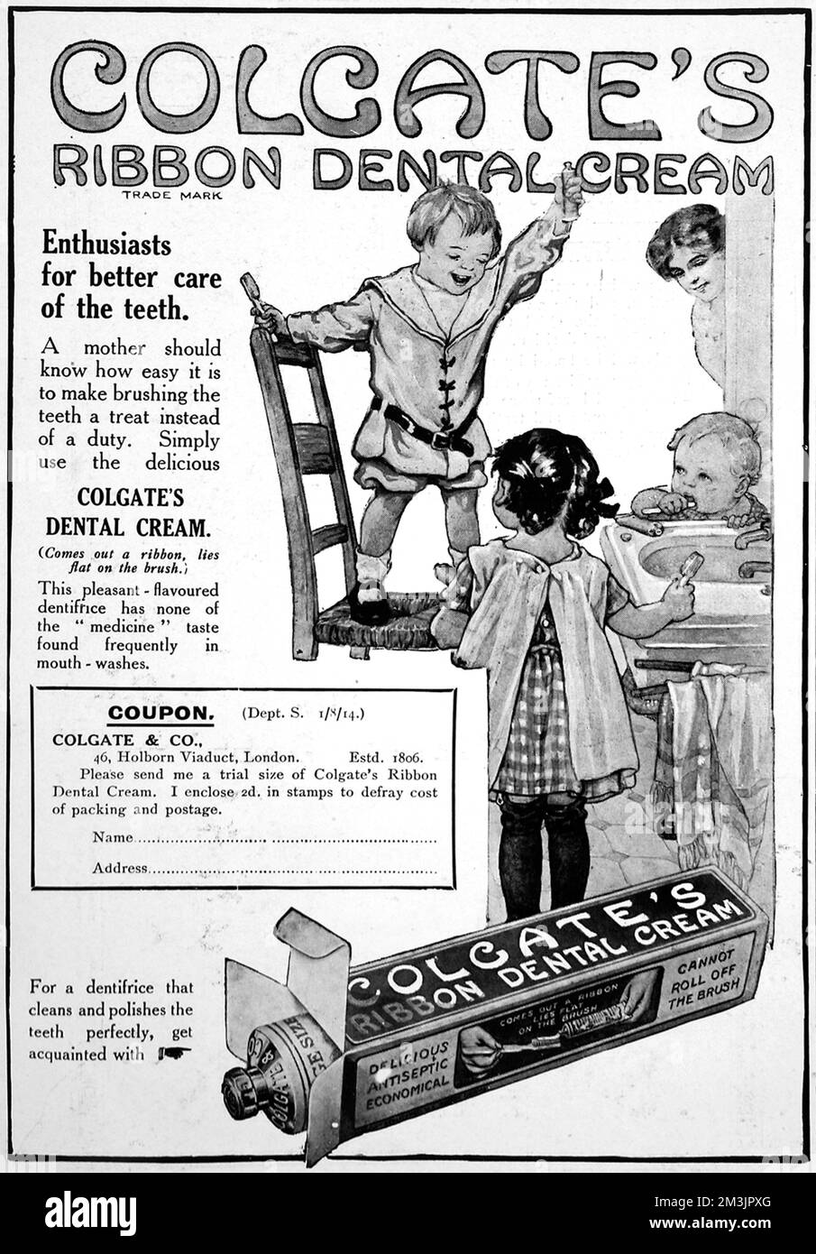 Advertisement from 1914 for Colgate Ribbon Dental Cream showing three
