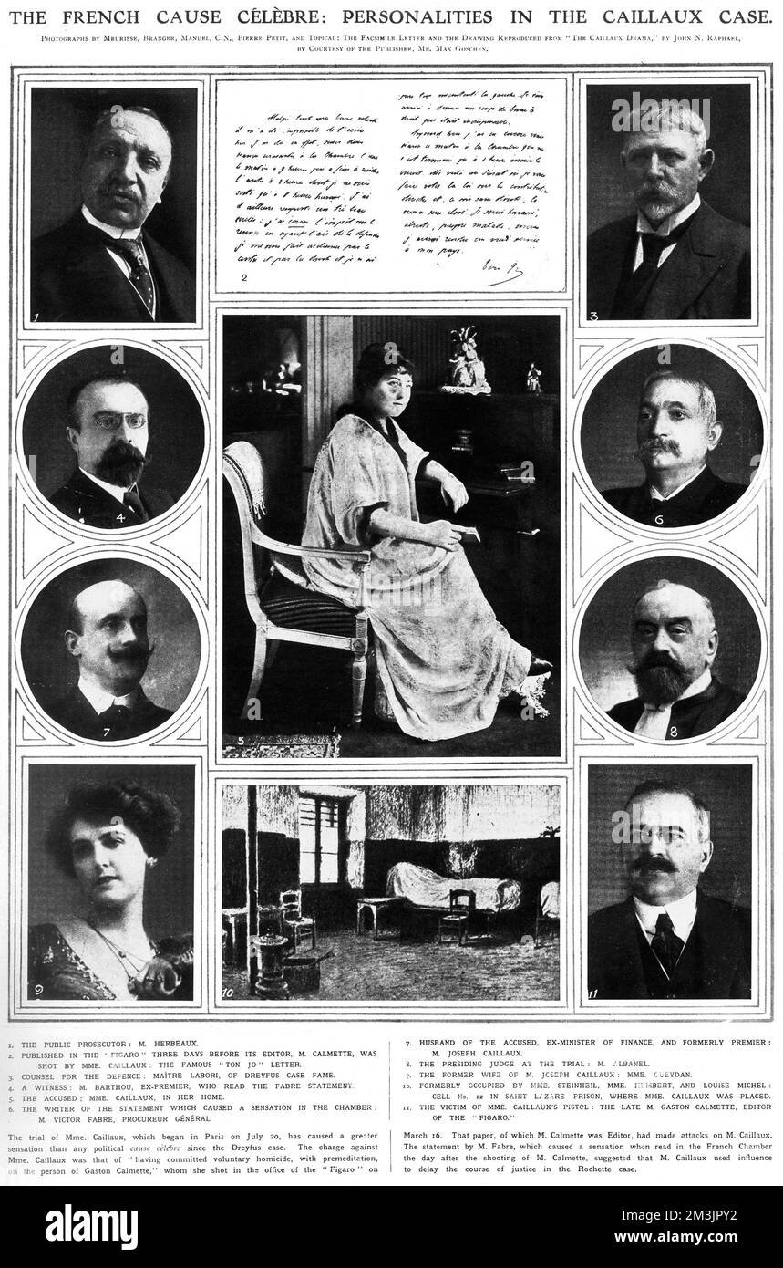 A page from the ILN showing the personalities in the Caillaux case. Caillaux was French Prime Minister from June 1911 to January 1912. In 1913 he was accused of being a pacifist when he opposed an extension to conscription. A press campaign against Caillaux followed with the editor of 'Le Figaro', Gaston Calmette threatening to publish love letters between Caillaux and his former mistress, now his second wife. This resulted in Madame Caillaux killing Calmette but at her trail she was acquitted of murder.     Date: 1914 Stock Photo
