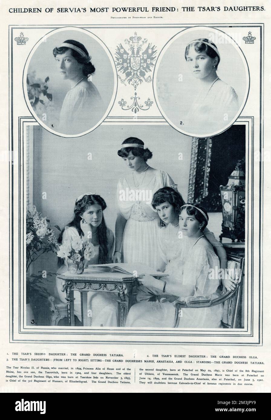 Tsar Nicholas II's four daughters.  The bottom photograph shows from left to right; Marie, Tatiana, Anastasia and Olga.  The top left portrait shows Tatiana and the top right, Olga.  Following their fathers renouncement of the Russian throne in 1917, they were executed by Bolsheviks in July 1918 along with their mother, father and brother, the Tsarevitch.  1914 Stock Photo