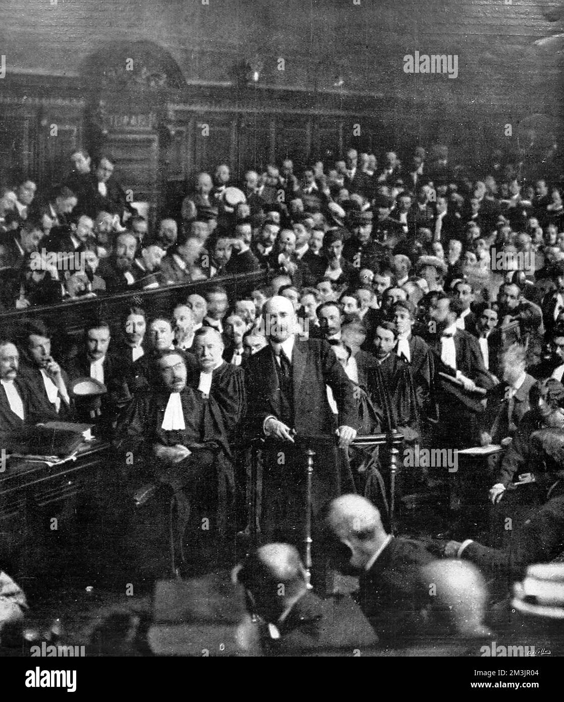 Joseph Caillaux giving evidence at the trial of his wife. Caillaux was French Prime Minister from June 1911 to January 1912. In 1913 he was accused of being a pacifist when he opposed an extension to conscription. A press campaign against Caillaux followed with the editor of 'Le Figaro', Gaston Calmette threatening to publish love letters between Caillaux and his former mistress, now his second wife. This resulted in Madame Caillaux killing Calmette but at her trail she was acquitted of murder.     Date: 1914 Stock Photo