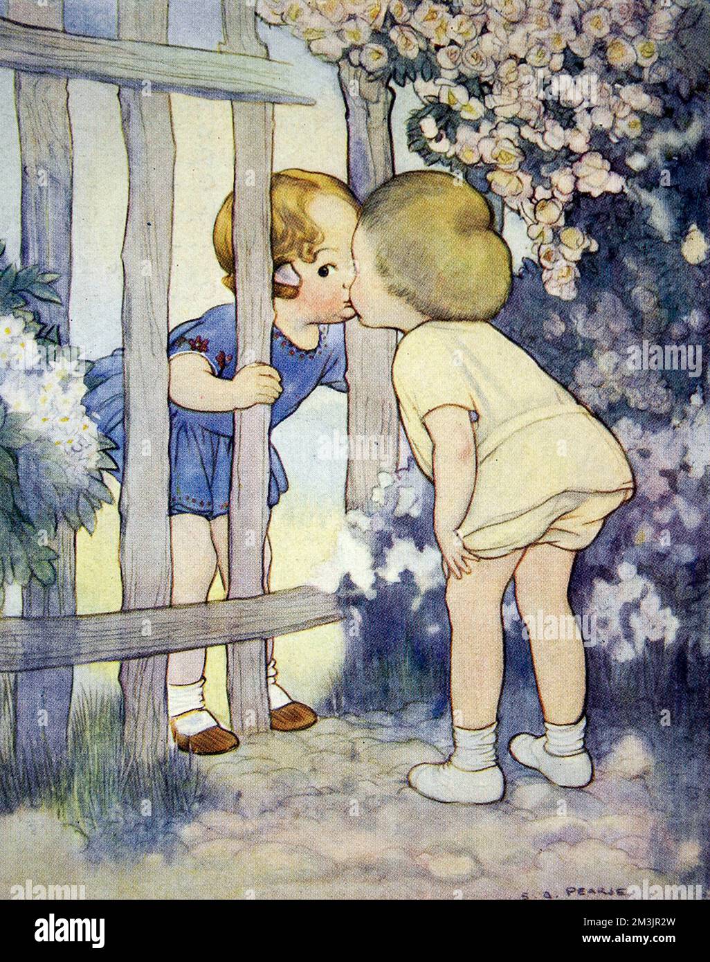 Illustration by Susan Pearse showing two children kissing through a gap in a garden fence. Susan Pearse was a regular contributor to the Sphere and other ILN titles. Her illustrations in childrens' books and on posters (including the Start-rite shoes children still in use today) recall the style of Mabel Lucie Attwell and Honor Bishop.     Date: Christmas number 1930 Stock Photo